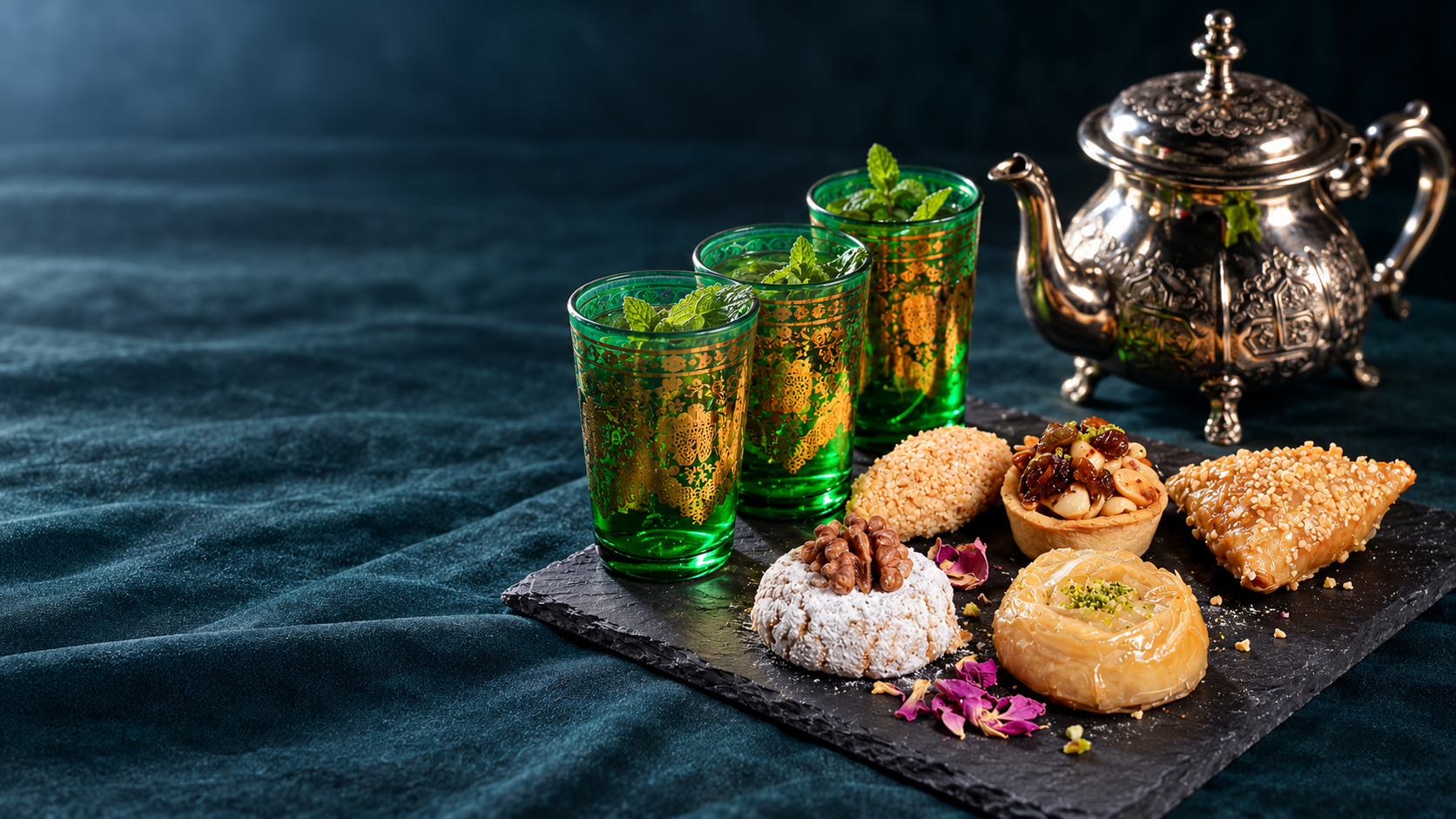 Vijf Marokkaanse koekjes met verse muntthee en een zilveren theepot